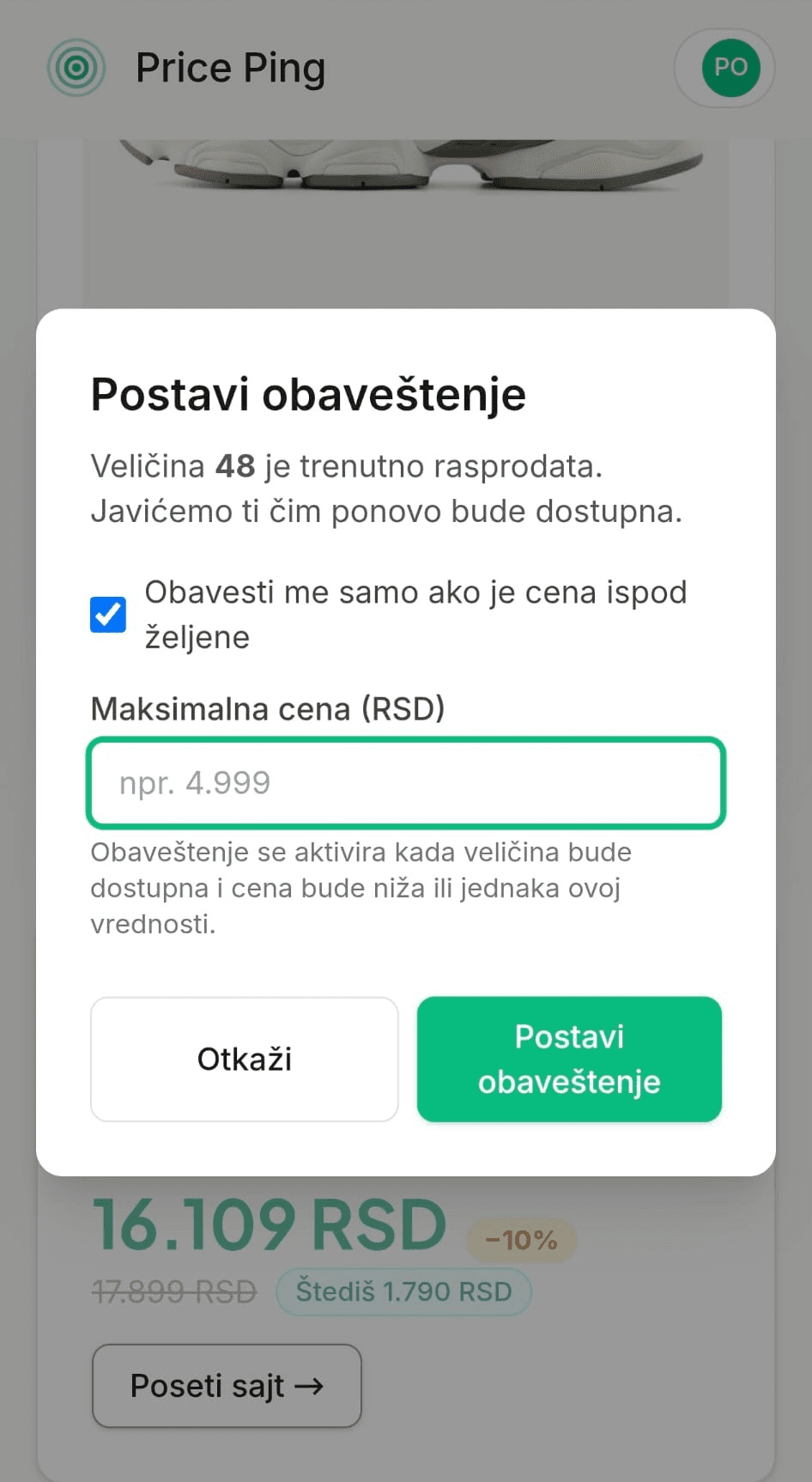 Dijalog za obaveštenje — ciljna cena uključena