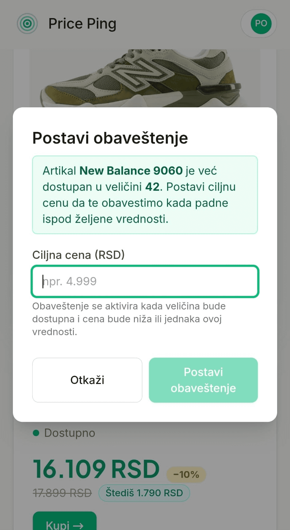 Dijalog za obaveštenje — veličina dostupna, cena obavezna