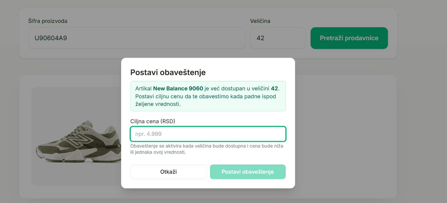 Dijalog za obaveštenje — veličina dostupna, cena obavezna
