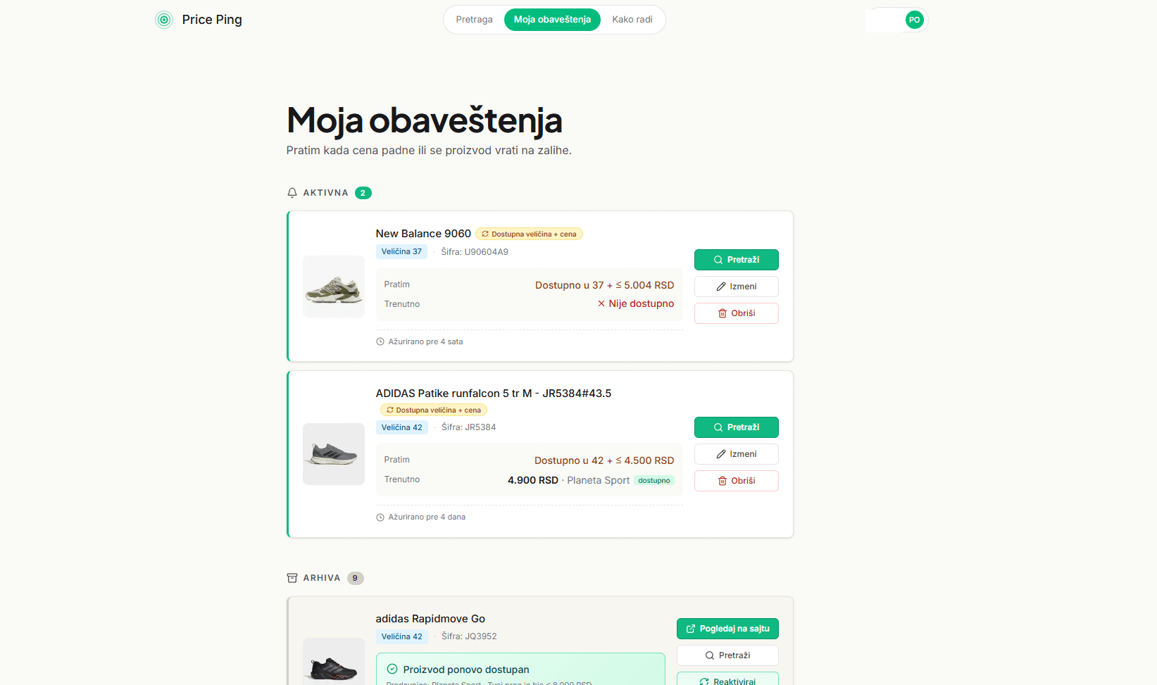 Stranica Moja obaveštenja