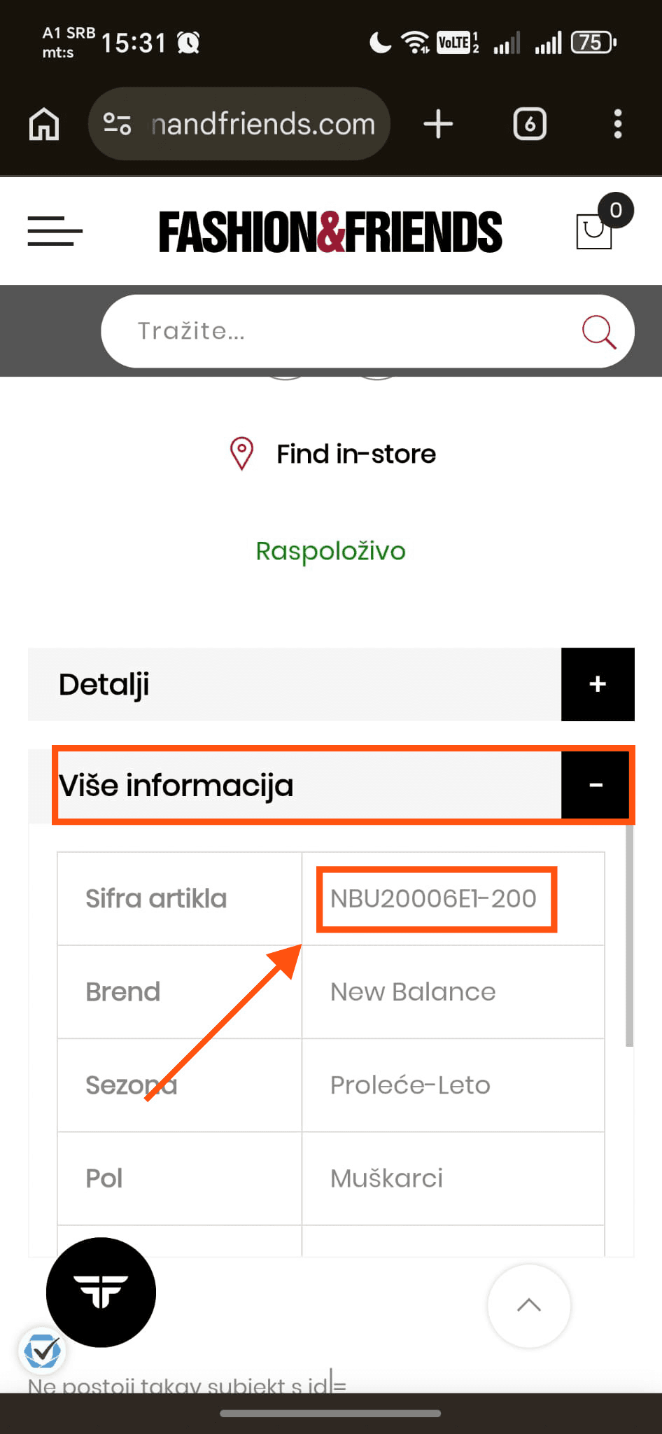 Šifra artikla pri dnu strane proizvoda